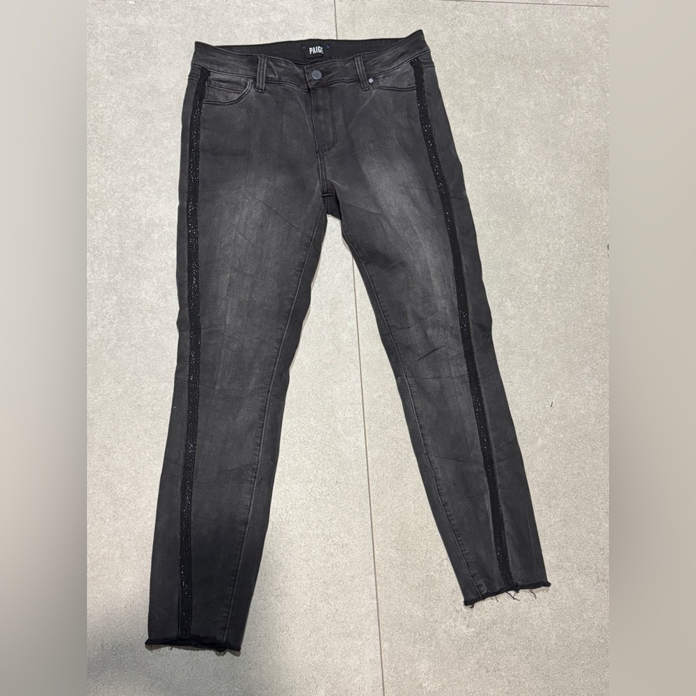 PAIGE Verdugo Ankle Charcoal Skinny Jeans with Black Side Stripes size 29